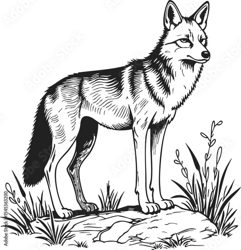 Coyote isolated engraving monochrome art featuring a standing coyote in a natural setting with grass and rocks