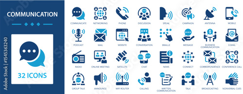 Communication flat icons collection. Chat, speak, news, website, phone, mail, diversion, book, satellite, radio sign set.
