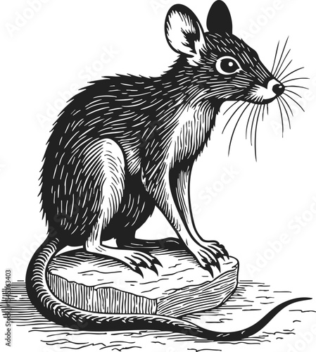 Diminutive Woodrat vintage engraving tattoo design featuring a detailed line drawing of the rodent