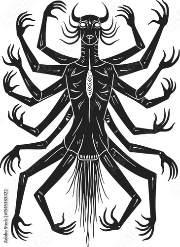 Demonisolated engraving showing a mystical creature with multiple limbs and intricate features in a vintage, monochrome style