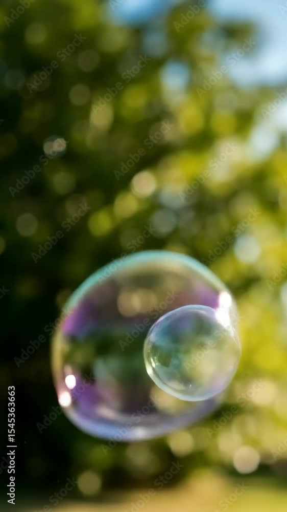 Colorful soap bubble floating in sunlight against green background Colorful soap bubble floating in sunlight against green background