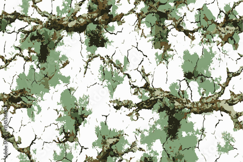 A camouflage pattern made of tree branches and cracked ground, with earth tones of green on a white background.Forest real tree camouflage design. Hunting camouflage. Army hunting camouflage 