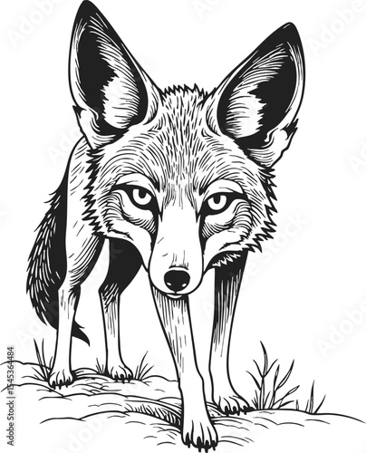 Golden Jackal engraving in vintage style showcasing detailed etching with a focused expression on a white background