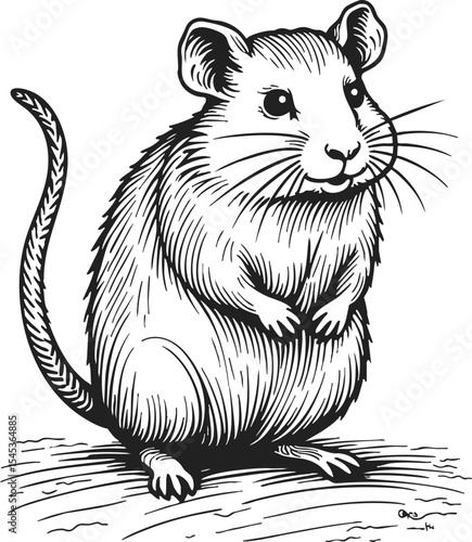 Hamster engraving etching drawing showcases a detailed depiction of a hamster standing confidently on its hind legs, rendered in a vintage engraving style