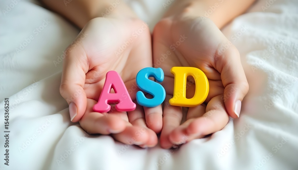Naklejka premium ASD plastic letters in hands representing Autism Spectrum Disorder support and inclusive development