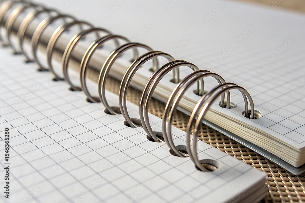 Close-up view of an open spiral bound notebook with blank grid paper and metal rings Close-up view of an open spiral bound notebook with blank grid paper and metal rings
