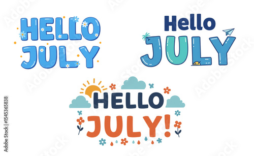 Delightful Hello July Summer Designs Perfect for Branding Projects Logos and Seasonal Greetings Cards featuring cheerful typography and summer icons
