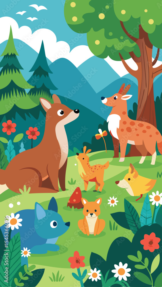 Naklejka premium Whimsical forest scene with cute animal characters and lush greenery for children's designs