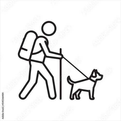 Minimalist Line Art Depicting a Hiker with Backpack and Dog Walking Together on an Outdoor Adventure