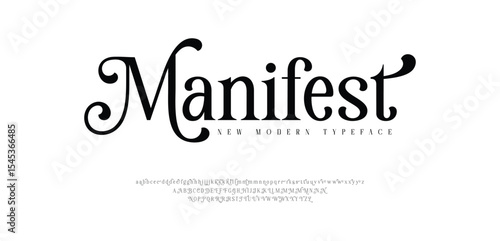 Manifest elegant font, vintage type or luxury premium typeface, vector English royal alphabet. Classic typography in modern or old art deco style, serif letters for modern or retro poster font
