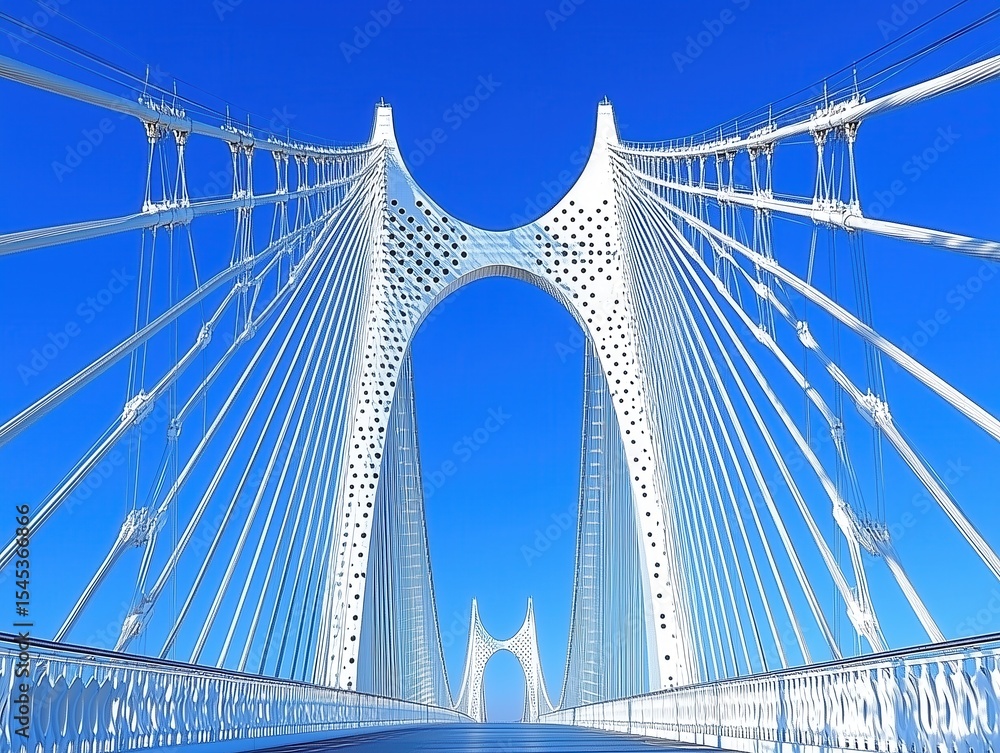 Fototapeta premium Modern suspension bridge with white steel cables and blue sky background