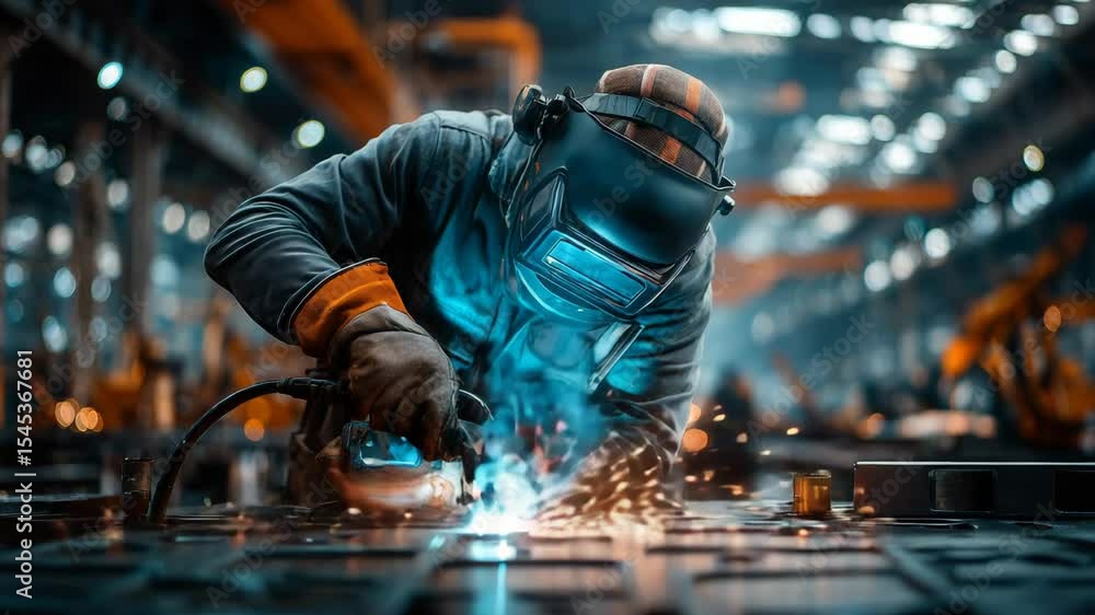 Industrial welder in protective gear working with sparks and bright light in factory workshop manufacturing metal welding engineering industry Industrial welder in protective gear working with sparks and bright light in factory workshop manufacturing metal welding engineering industry