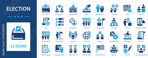 Election icon set. Voting, political, vote, democracy, online voting, debate, candidate rating, vote count.