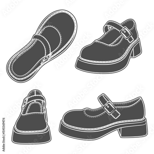 Set of black and white illustrations with women shoes. Isolated vector objects on white background.