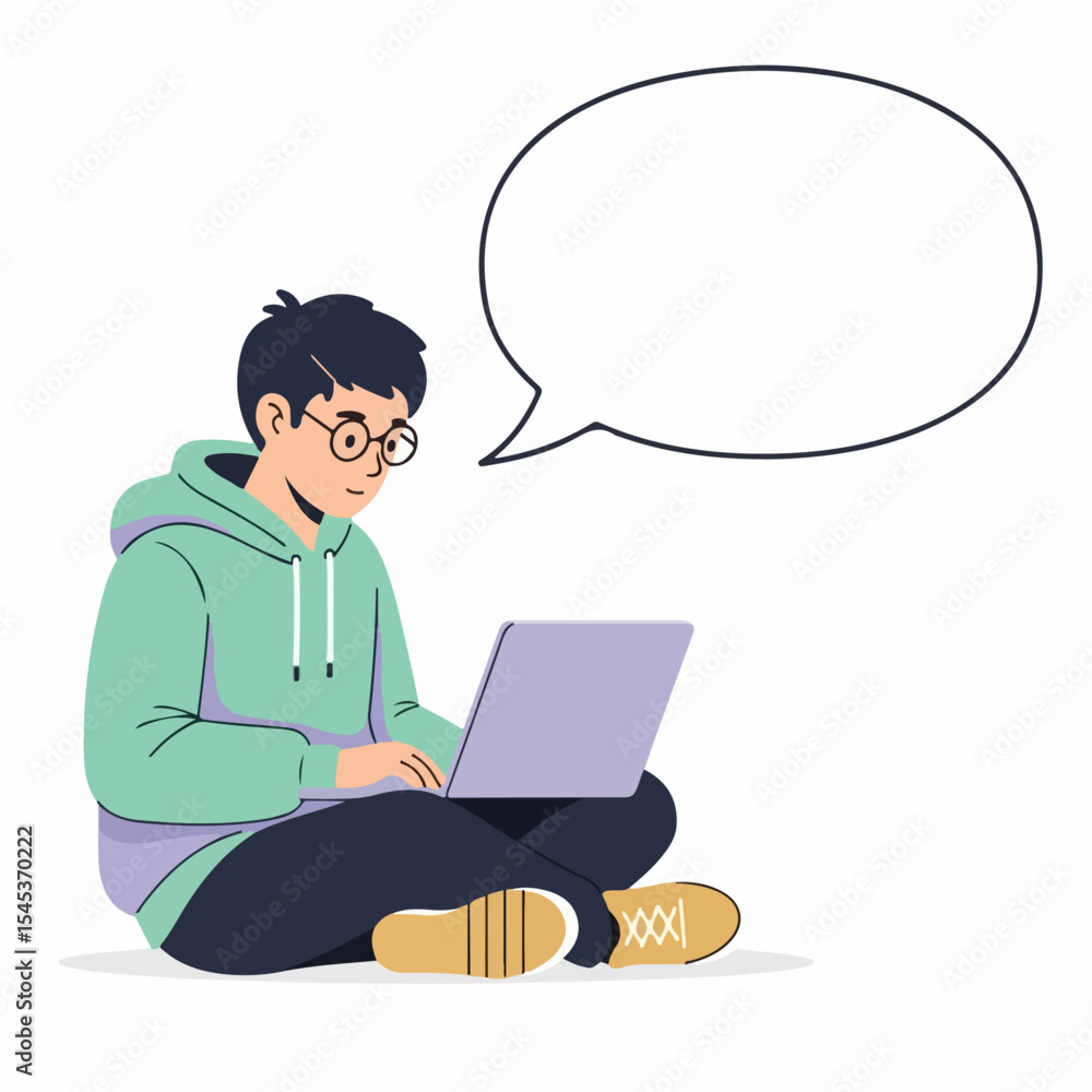 Teen Boy Using Laptop with Speech Bubble – Vector Teen Boy Using Laptop with Speech Bubble – Vector
