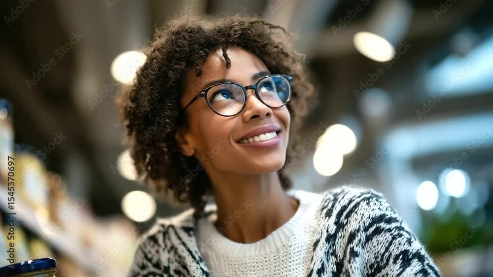 Black woman wearing glasses selecting a jar of natural peanut butter from a shelf, deep in thought as she compares brands in the grocery store Black woman wearing glasses selecting a jar of natural peanut butter from a shelf, deep in thought as she compares brands in the grocery store