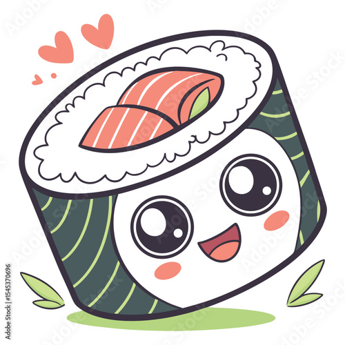 Illustration of a cute sushi roll with a smiling face and hearts floating above it on a white background