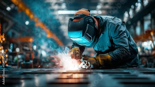 Industrial welder in protective gear working with sparks and bright light in factory workshop manufacturing metal welding engineering industry	