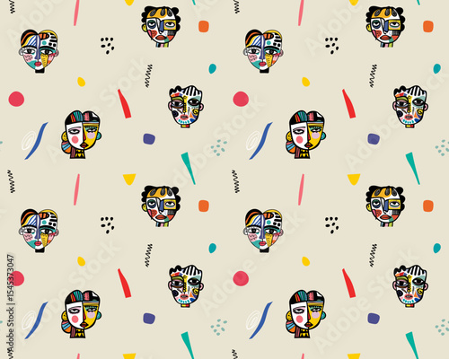 Cubist Faces Pattern Background Vector Illustration for Abstract Art Themes in Colorful Style for Modern Decor Prints