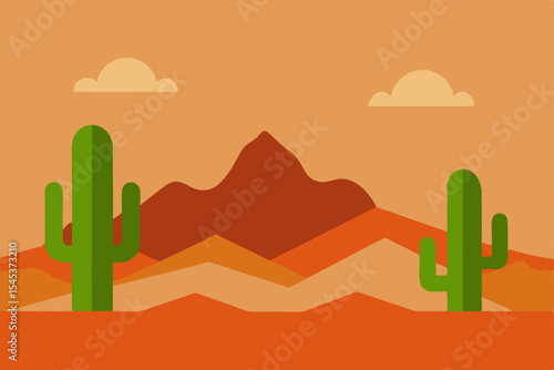 desert mountain range with cacti flat style