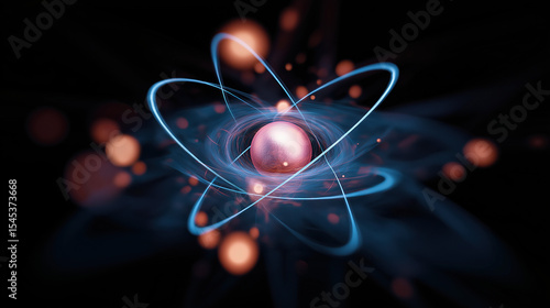 Macro Photo of Glowing Atomic Nucleus with Orbiting Electrons on Black Background – Quantum Energy Concept, Particle Physics Visualization, Nuclear Science Abstract