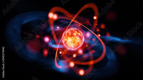 Macro Photo of Glowing Atomic Nucleus with Orbiting Electrons on Black Background – Quantum Energy Concept, Particle Physics Visualization, Nuclear Science Abstract