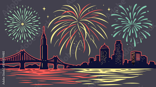 New Year fireworks light up the night sky over the city, with a colorful explosion reflected in the water