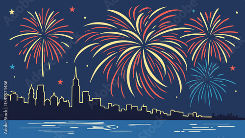 Colorful fireworks explode in the night sky over the city and sea, celebrating a bright holiday event