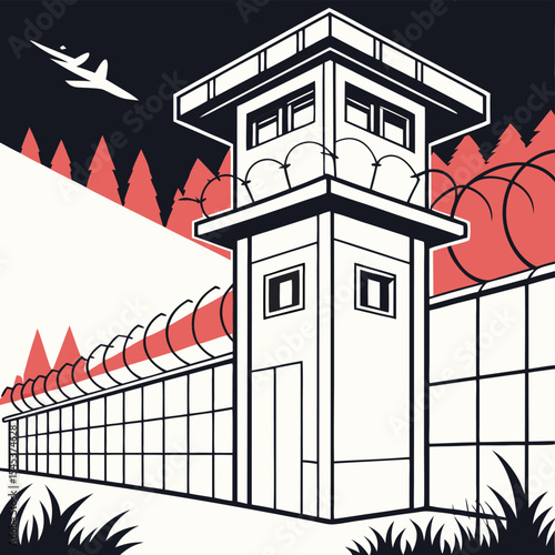 Illustration of a prison guard tower with barbed wire fence under a dark sky and airplane