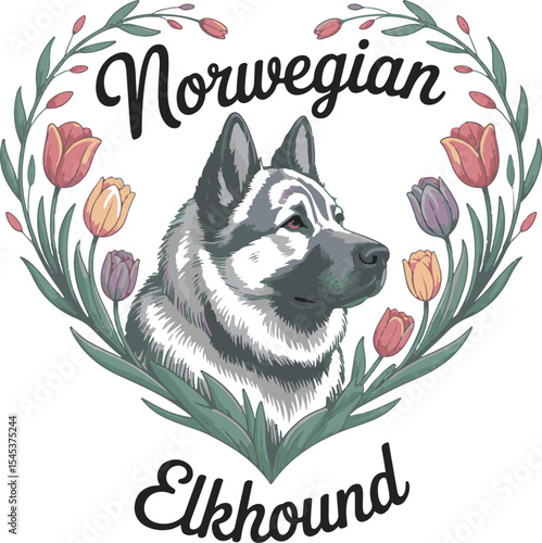 Norwegian Elkhound Dog Portrait Heart Shaped Floral Frame Tulips Gray White Black Dog Breed Artwork canine