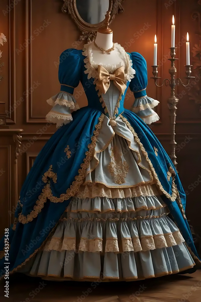 Elegant teal and gold rococo gown on mannequin Elegant teal and gold rococo gown on mannequin