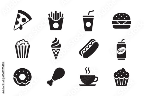 Black silhouette icon set of various fast food items