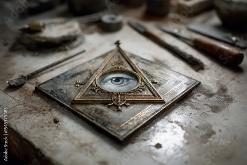 Masons, secret lodge of freemasons with secret order, compass, trowel and an eye in triangle