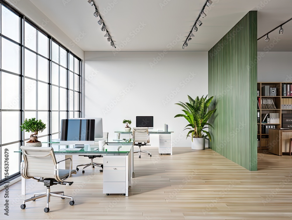 Fototapeta premium Modern minimalist office interior with glass desks, green wall, and large windows.