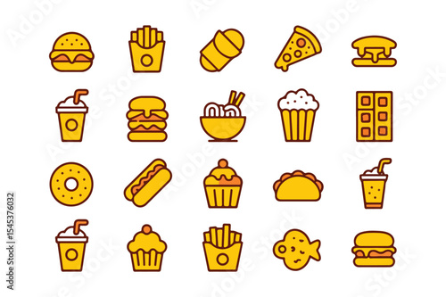 Colorful vector icons of various fast food items