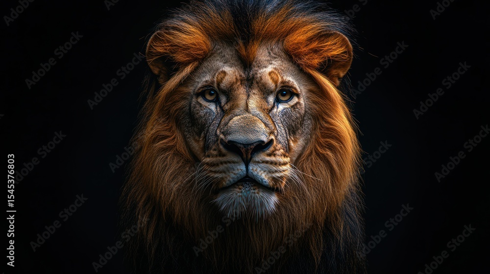 Fototapeta premium Close-up lion portrait against dark backdrop