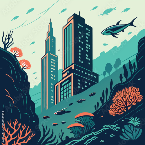 Underwater city landscape with buildings, fish, coral, and aquatic plants in a stylized illustration