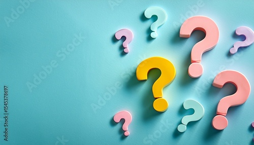 pastel colored question marks on a blue background