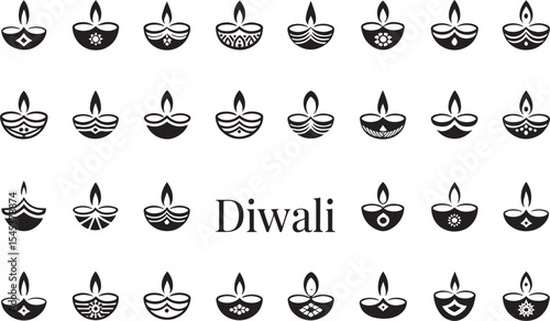 Minimal Diwali Lamp Icons – Black Candle and Oil Lamp Symbol Collection

