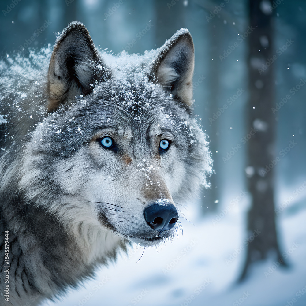 Obraz premium Extreme Close Up of a Grey Wolf with Blue Eyes in the Snow 