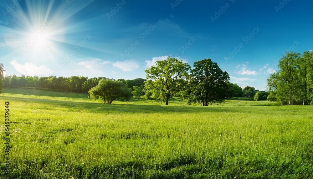 Obraz premium landschaft im sommer mit baumen und wiesen bei strahlendem sonnenschein