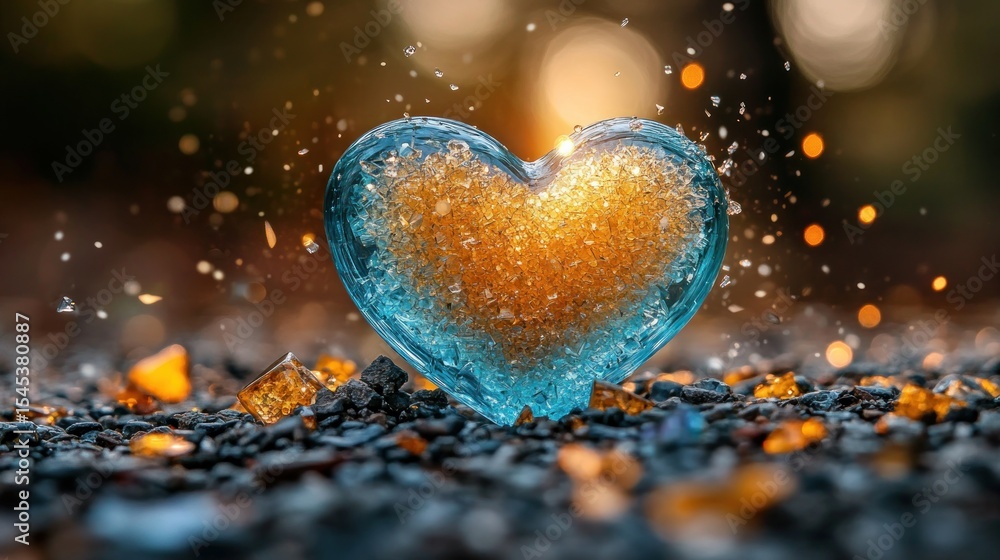 Fototapeta premium Heart-shaped, blue, glass orb, golden inner light, on dark pebbles