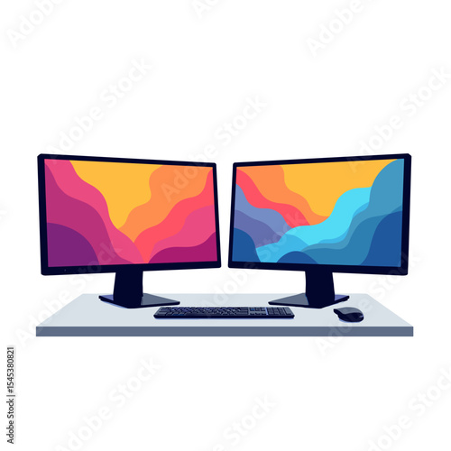 Dual computer monitors with vibrant abstract backgrounds on desk  