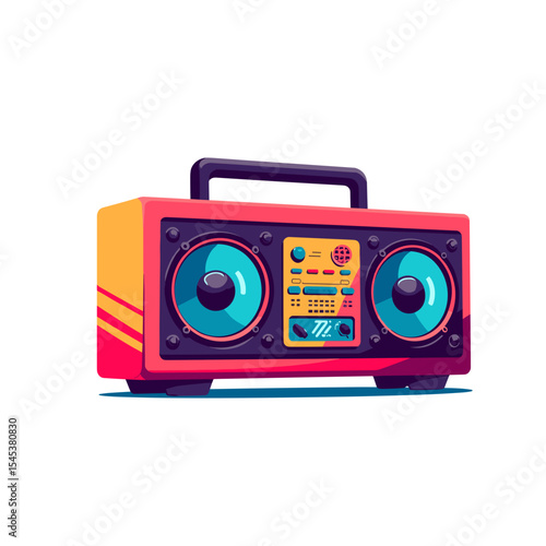 Retro boombox with colorful design and large speakers  