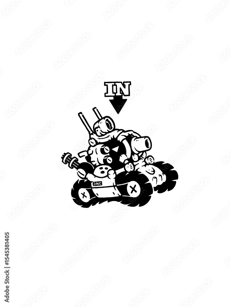 Obraz premium Cute cartoon tank illustration with 'IN' text, perfect for gaming or fun designs