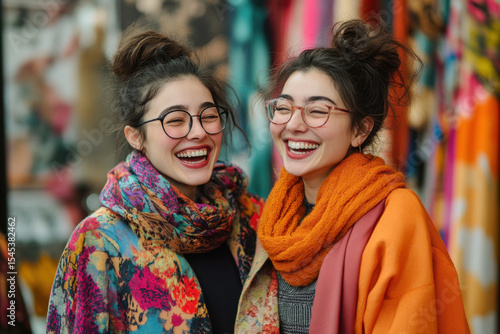 women in colorful scarves and glasses chatting outdoors, surrounded by blooming flowers and a serene park setting.