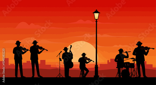 musical Band Silhouette at Sunset - Country Music Festival Scene