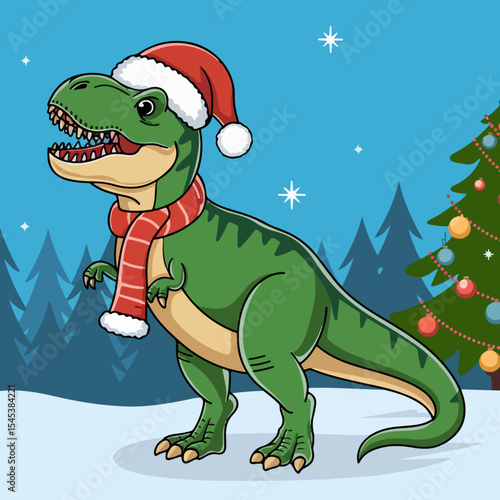 A tyrannosaurus rex wears a santa hat and scarf in a winter scene