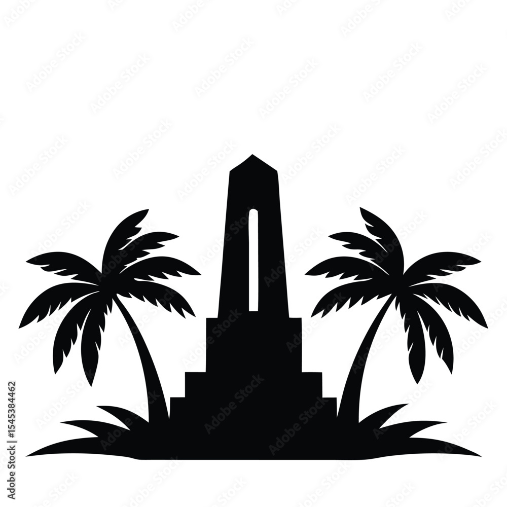 Obraz premium Monumental Island Silhouette Palm Trees and a Majestic Obelisk