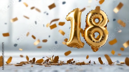 Golden 18 Balloon Surrounded by Colorful Confetti in a Bright Celebration Setting